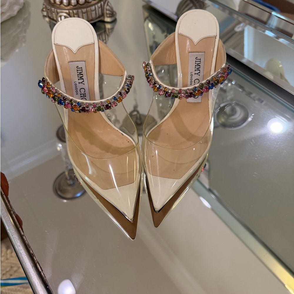 Jimmy Choo Clear Heels with Multicolor Embellishments